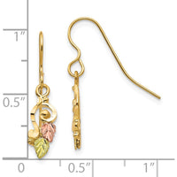 10K Tri-Color Gold Shepherd Hook Drop Earrings with Polished and Leaf Detailing - Solid Casted Gold Design