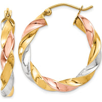 10K Tri-Color Light Twisted Hoop Earrings - 29mm Length