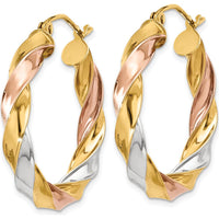 10K Tri-Color Light Twisted Hoop Earrings - 29mm Length