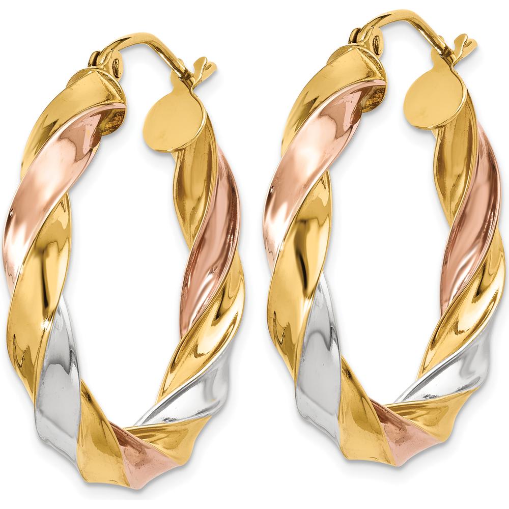 10K Tri-Color Light Twisted Hoop Earrings - 29mm Length