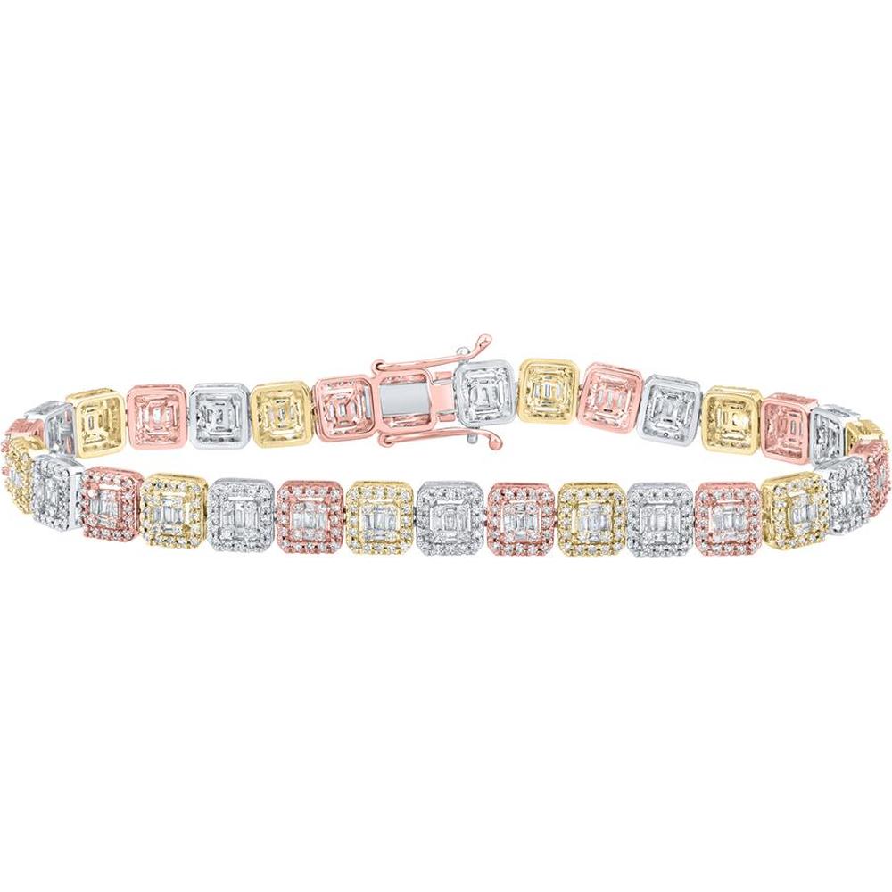 10K Tri-Tone Gold Baguette and Round Diamond Link Bracelet - 3.75 Carat Total Diamond Weight