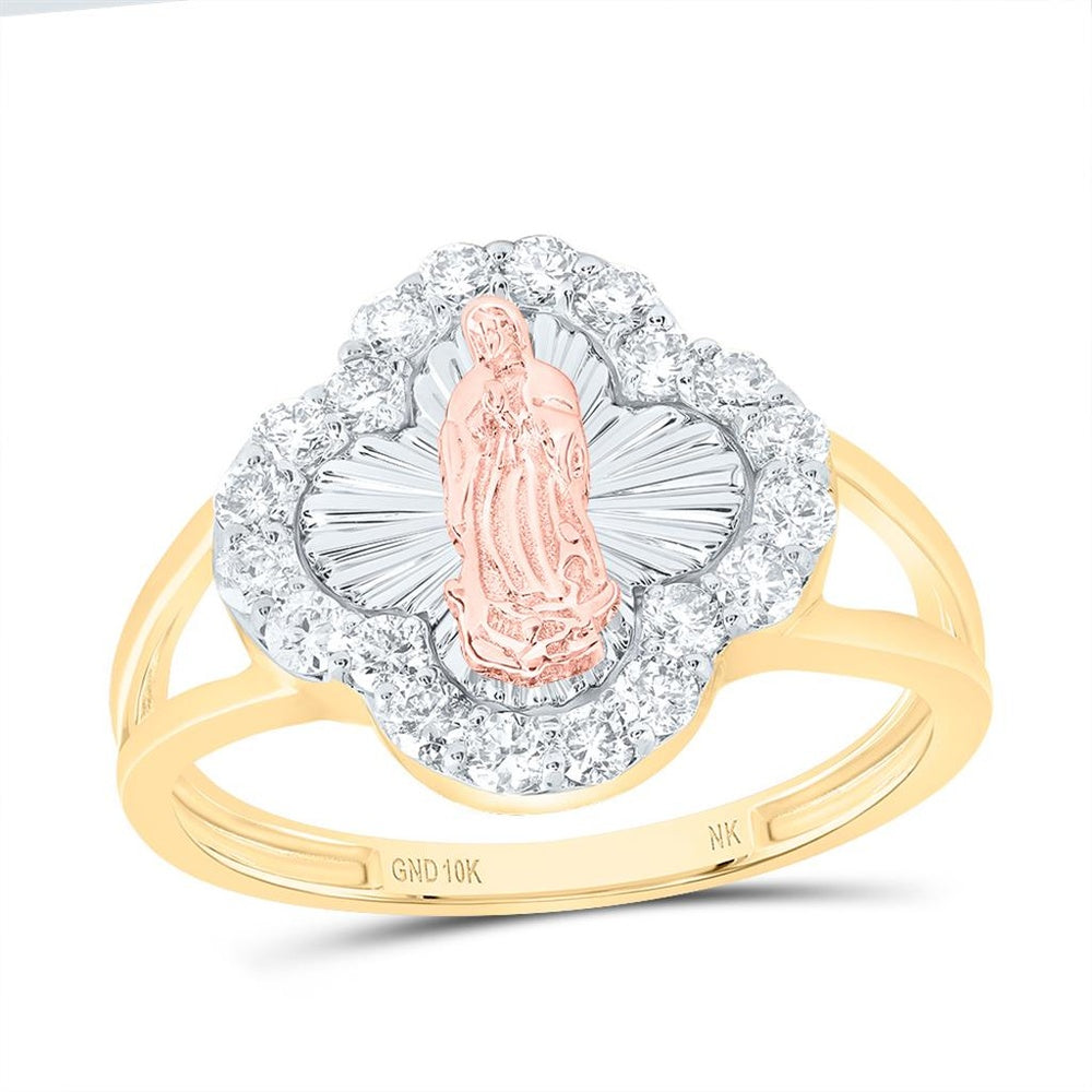 10K Tri-Tone Gold Diamond Virgin Mary Ring - 1/2 Carat Total Diamond Weight