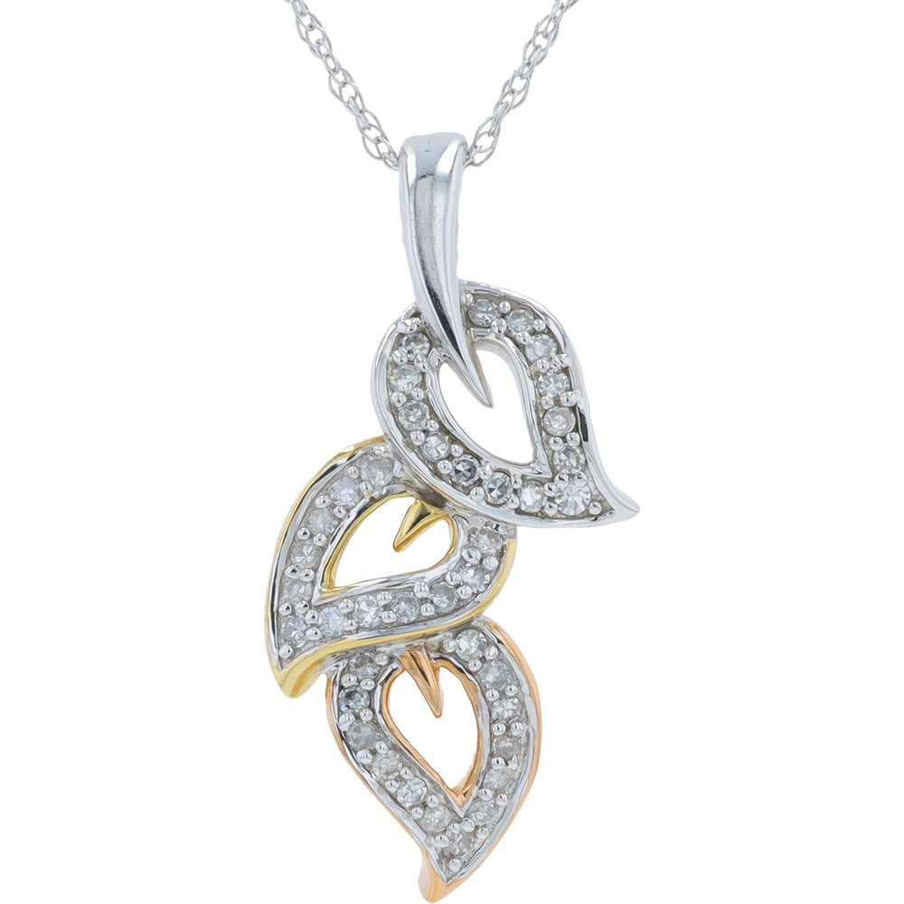 10K Tri-Tone Gold Leaf Pendant with Pavé-Set Round Cut Diamonds - 0.16 Carat Total Diamond Weight