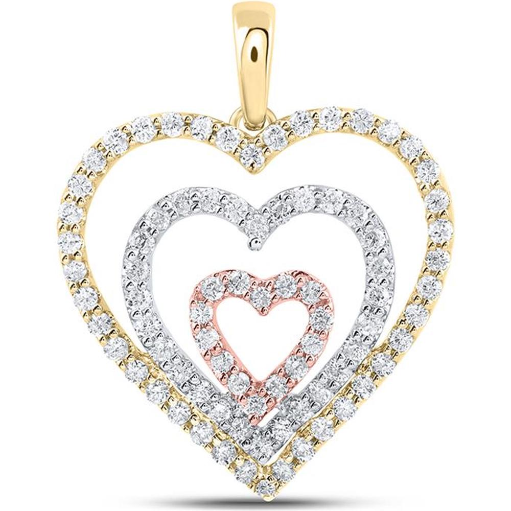 10K Tri-Tone Gold Round Diamond Triple Nested Heart Pendant - 1/2 Carat Total Diamond Weight