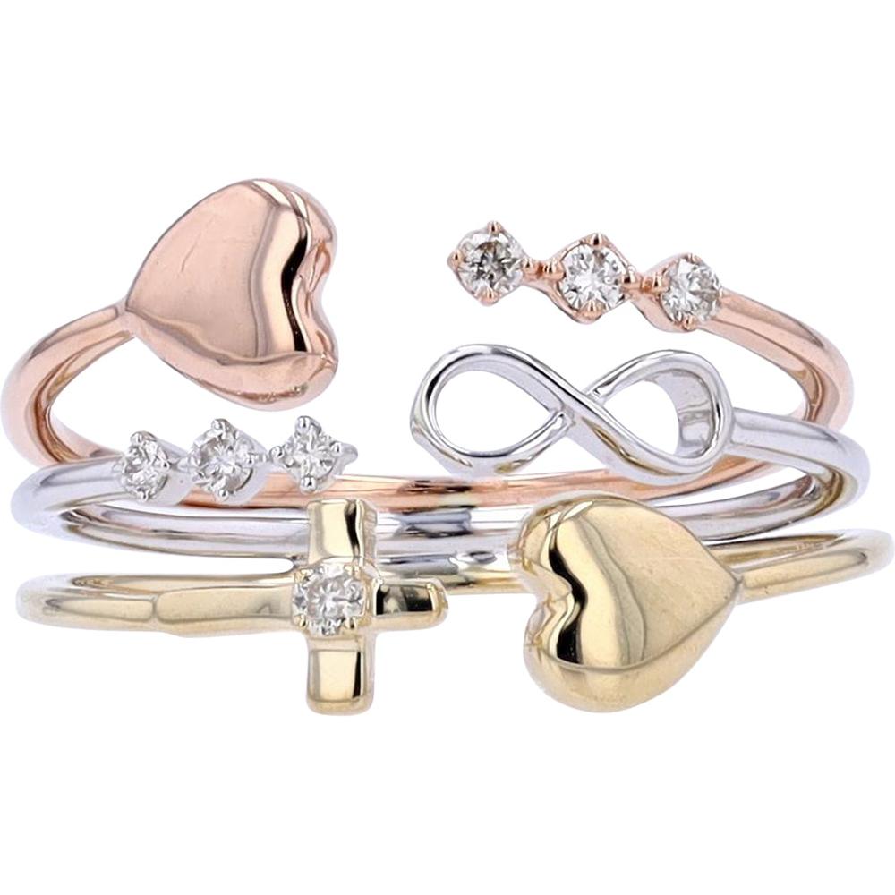 10K Tri-Tone Multi-Row Cuff Ring with 0.10 Carats Total Diamond Weight in White, Yellow, and Rose Gold