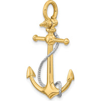 10K Two-Tone 3D Anchor Pendant with Rope Design and Shackle Bail