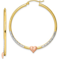10K Two-Tone & White Rhodium Diamond-Cut Heart Hoop Earrings - 39.9mm Width, 43.95mm Length