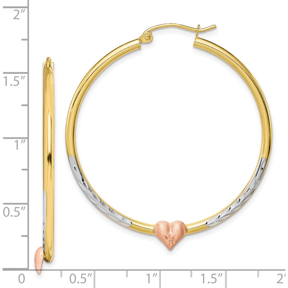 10K Two-Tone & White Rhodium Diamond-Cut Heart Hoop Earrings - 39.9mm Width, 43.95mm Length