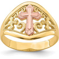 10K Two-Tone Cross Ring in Yellow and Pink Gold - Symbolic Religious Jewelry