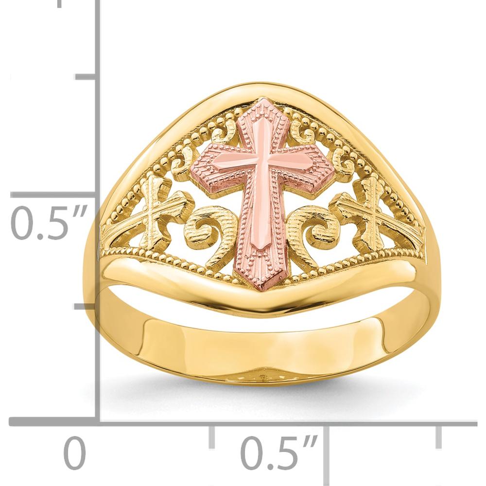 10K Two-Tone Cross Ring in Yellow and Pink Gold - Symbolic Religious Jewelry
