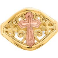 10K Two-Tone Cross Ring in Yellow and Pink Gold - Symbolic Religious Jewelry