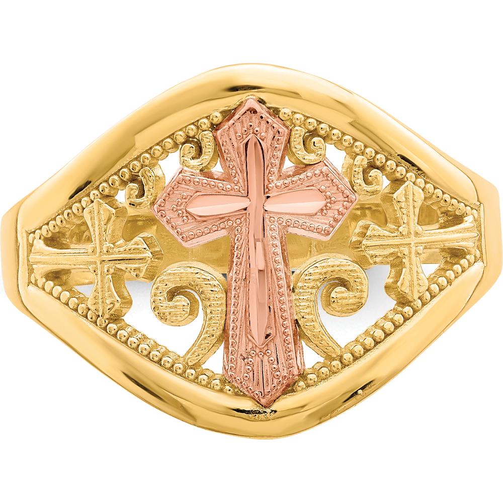 10K Two-Tone Cross Ring in Yellow and Pink Gold - Symbolic Religious Jewelry