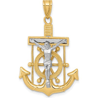 10K Two-Tone Diamond-cut Mariner's Cross Pendant with Ship's Wheel and Crucifix - 35mm Length