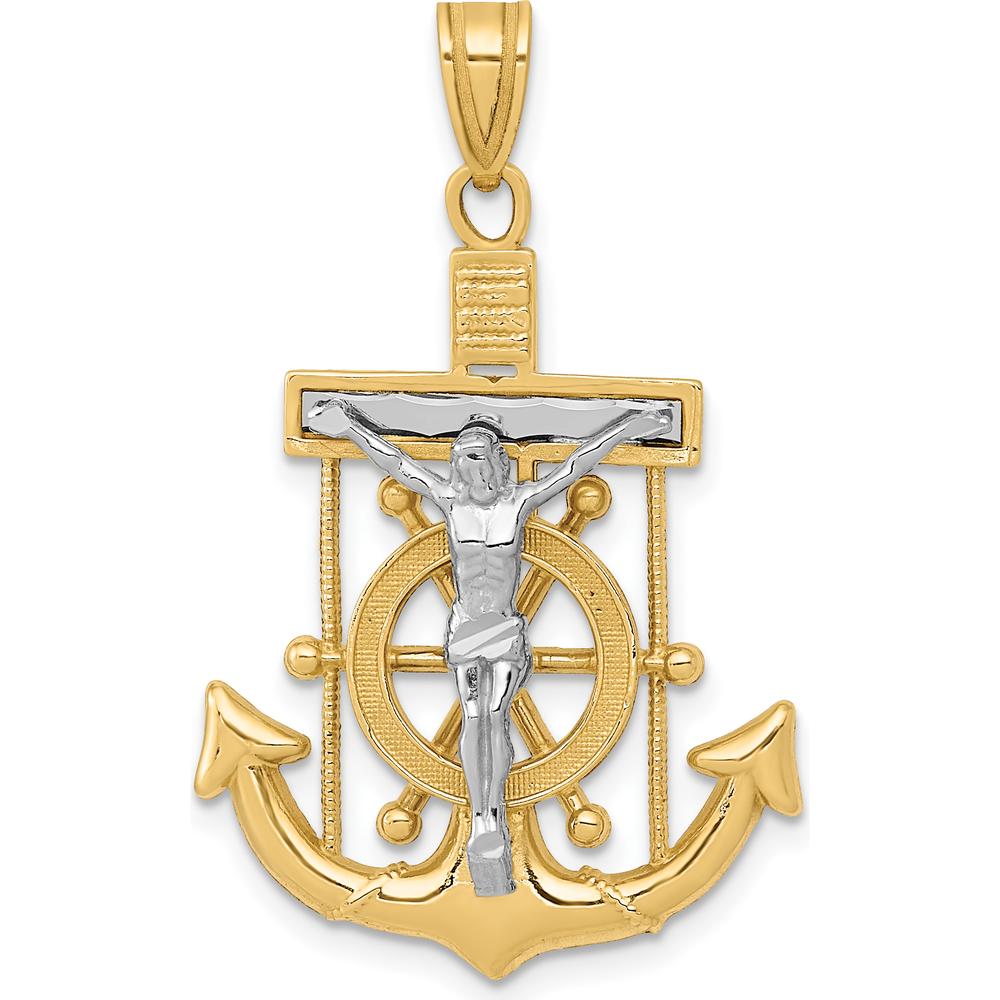 10K Two-Tone Diamond-cut Mariner's Cross Pendant with Ship's Wheel and Crucifix - 35mm Length