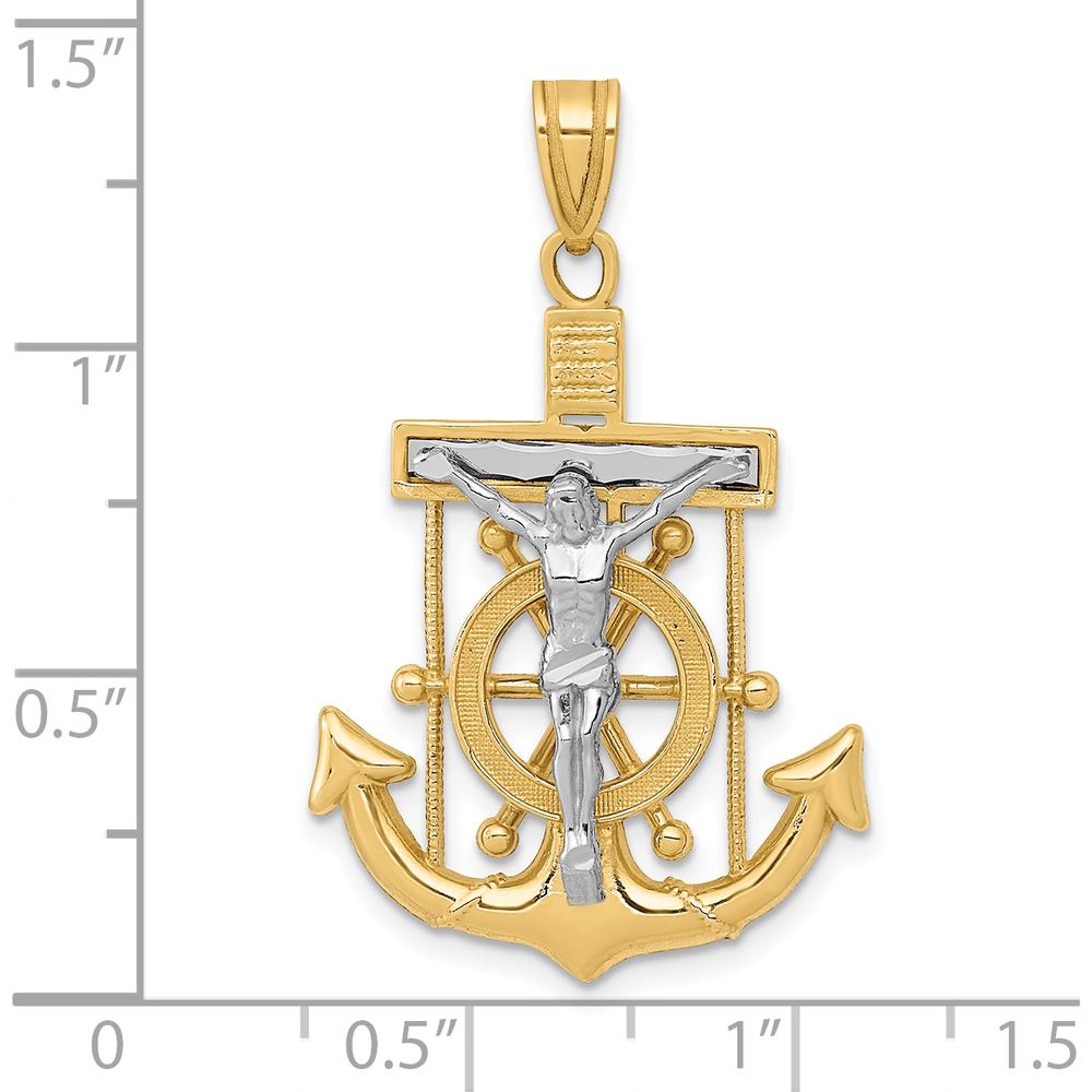 10K Two-Tone Diamond-cut Mariner's Cross Pendant with Ship's Wheel and Crucifix - 35mm Length