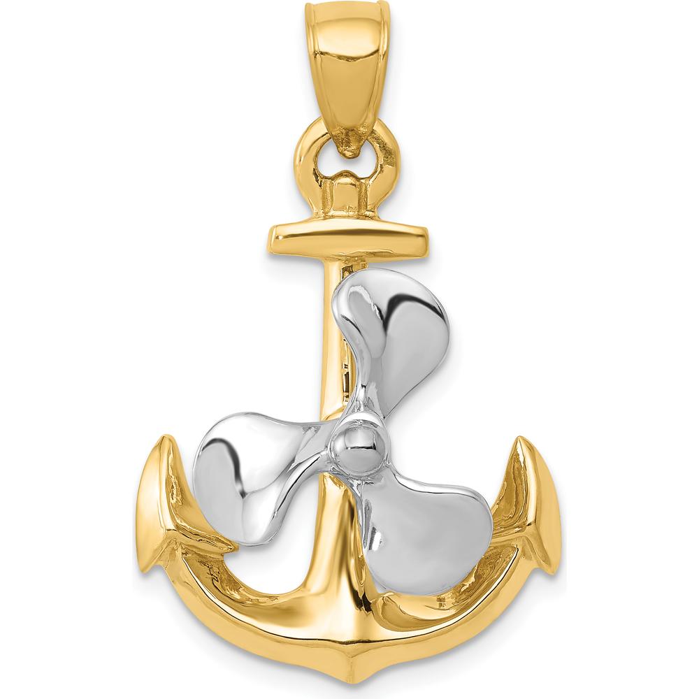 10K Two-Tone Gold 3D Anchor Pendant with Moveable Propeller - Nautical Themed Jewelry