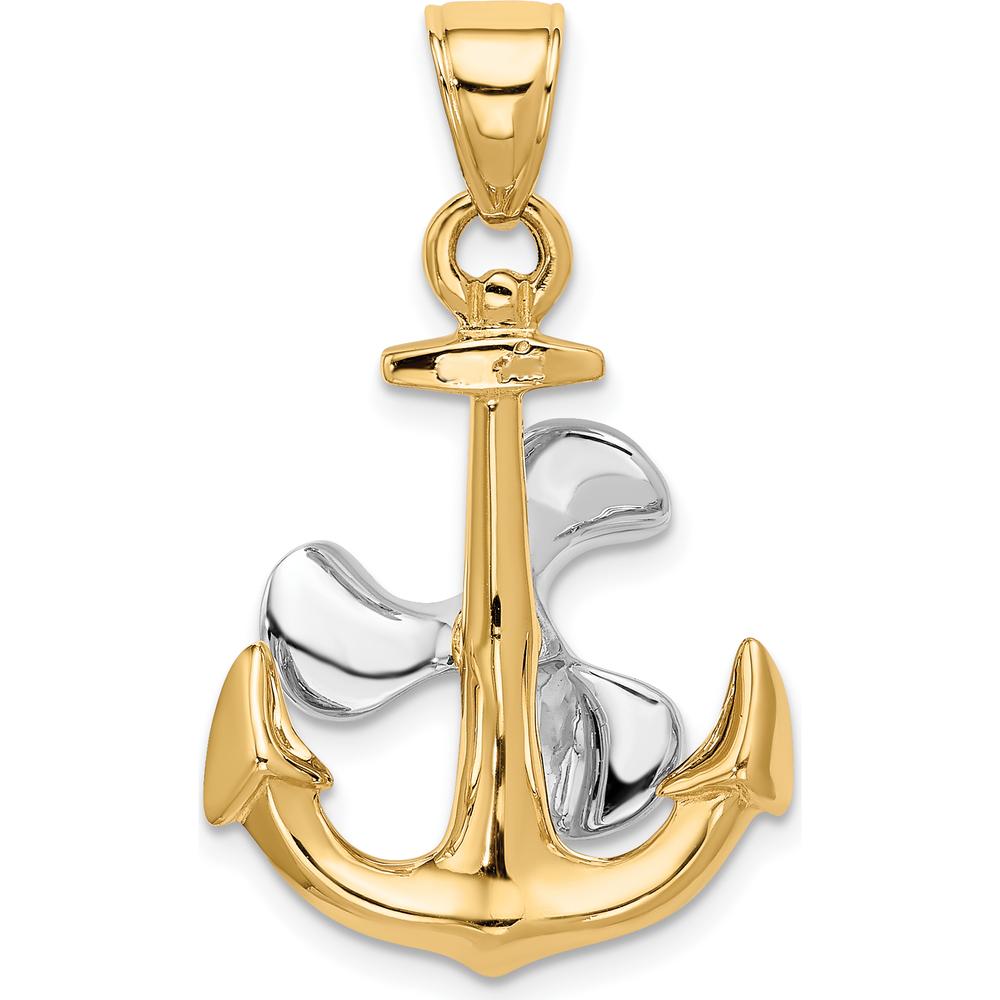 10K Two-Tone Gold 3D Anchor Pendant with Moveable Propeller - Nautical Themed Jewelry