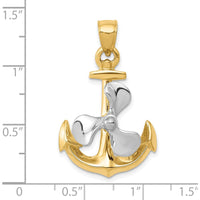 10K Two-Tone Gold 3D Anchor Pendant with Moveable Propeller - Nautical Themed Jewelry