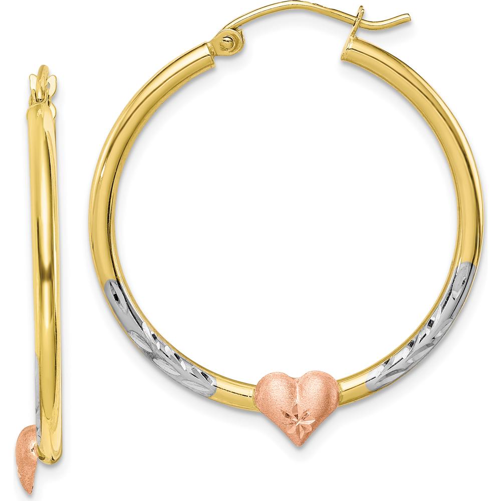 10K Two-Tone Gold and Rhodium Heart Hoop Earrings with Diamond-Cut Texture