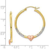 10K Two-Tone Gold and Rhodium Heart Hoop Earrings with Diamond-Cut Texture