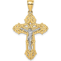 10K Two-Tone Gold and Rhodium Scrolled Tips Crucifix Pendant - 38.65mm Length