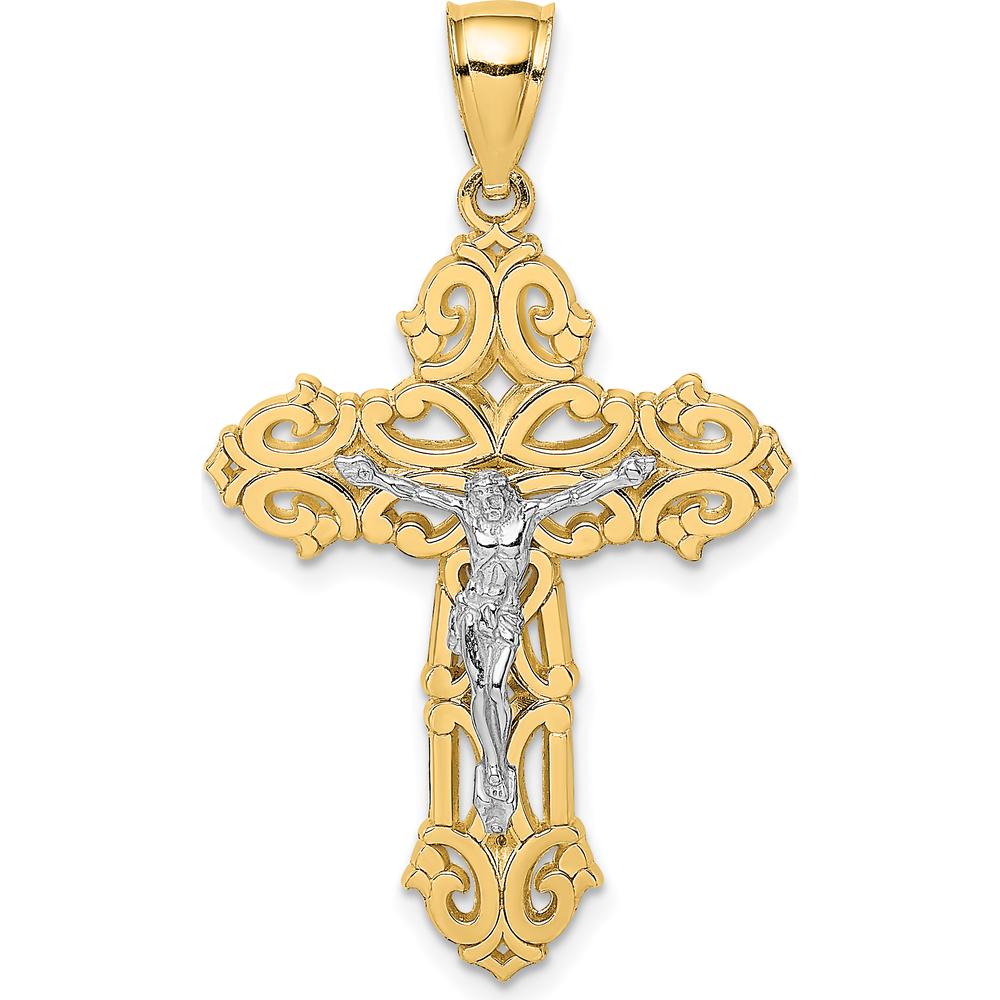 10K Two-Tone Gold and Rhodium Scrolled Tips Crucifix Pendant - 38.65mm Length