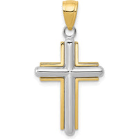 10K Two-Tone Gold and Silver Polished Cross Pendant with Solid Design and Durable Bail