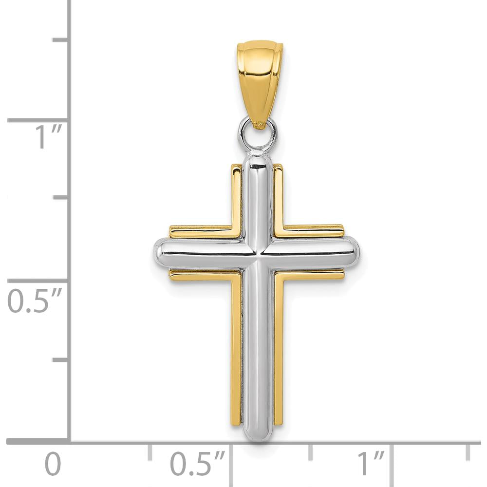 10K Two-Tone Gold and Silver Polished Cross Pendant with Solid Design and Durable Bail