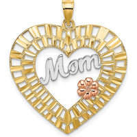 10K Two-Tone Gold and White Rhodium Heart-Shaped MOM Pendant with Diamond-Cut Texture