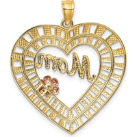 10K Two-Tone Gold and White Rhodium Heart-Shaped MOM Pendant with Diamond-Cut Texture