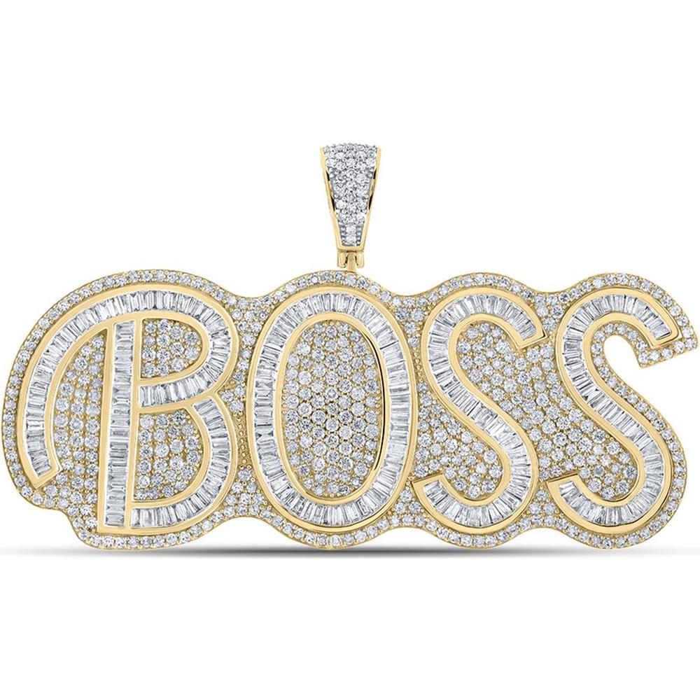 10K Two-Tone Gold "Boss" Phrase Pendant with Baguette and Round Diamonds - 6.75 Carat Total Diamond Weight