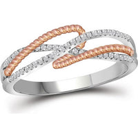 10K Two-Tone Gold Crossover Rope Band Ring with Prong-Set Round Diamonds - 1/6 Carat Total Diamond Weight