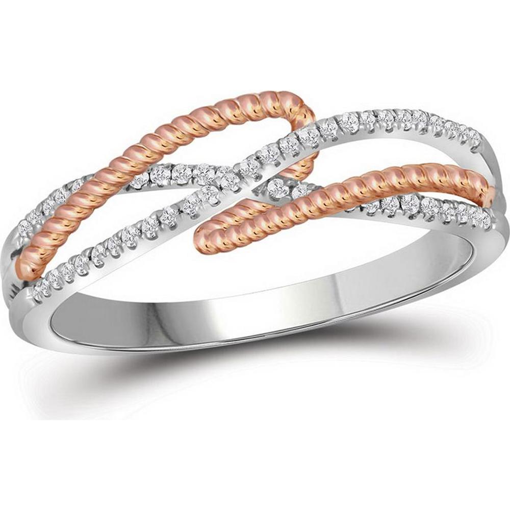 10K Two-Tone Gold Crossover Rope Band Ring with Prong-Set Round Diamonds - 1/6 Carat Total Diamond Weight