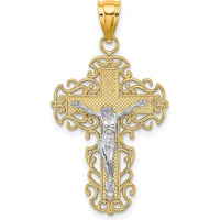 10K Two-Tone Gold Crucifix Pendant with Lace Trim - 33.2mm Length