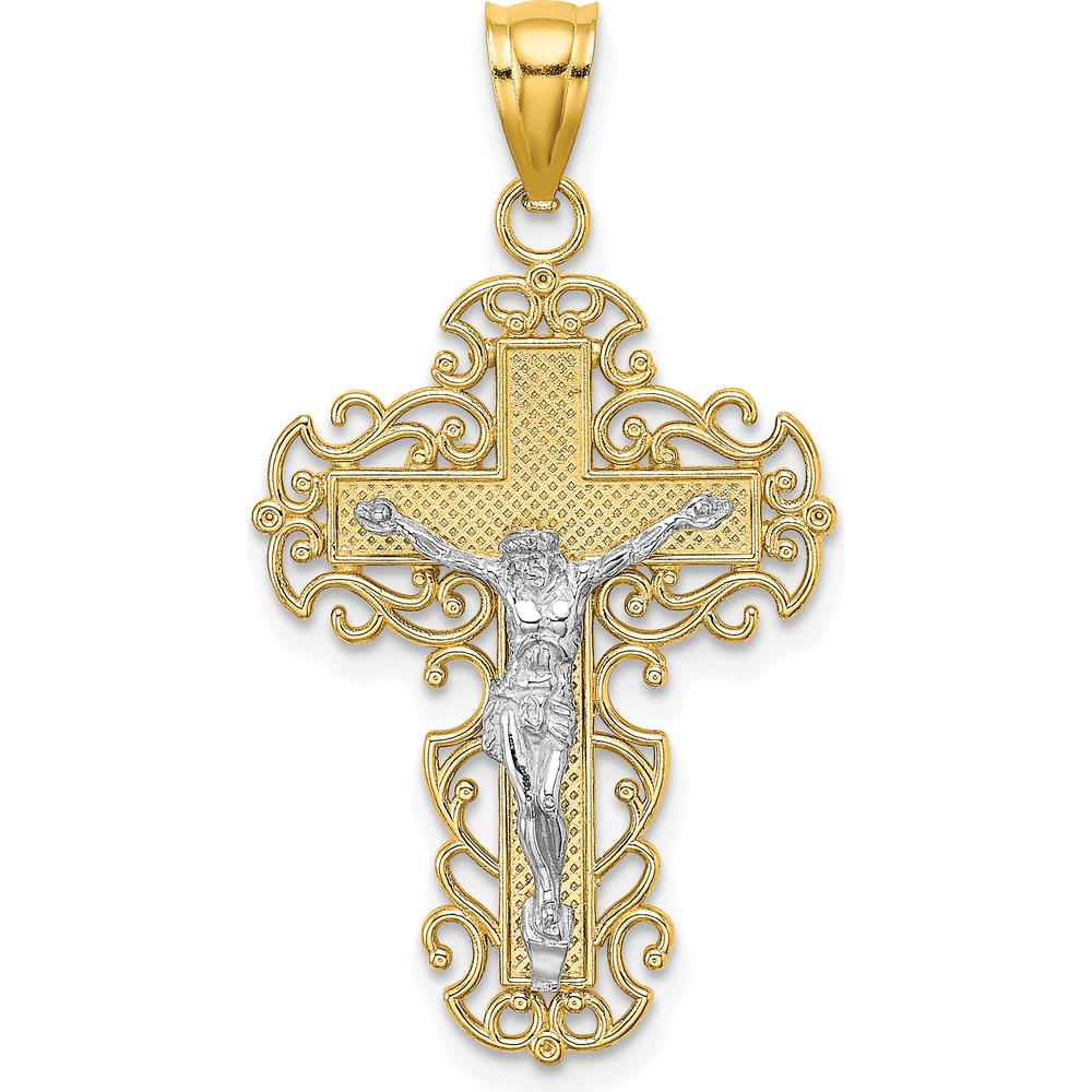 10K Two-Tone Gold Crucifix Pendant with Lace Trim - 33.2mm Length