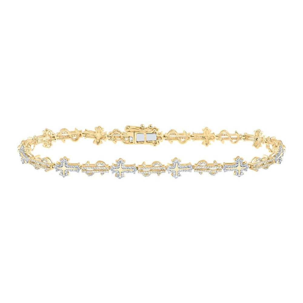 10K Two-Tone Gold Diamond Cross 8-Inch Bracelet - 1 1/2 Carat Total Diamond Weight