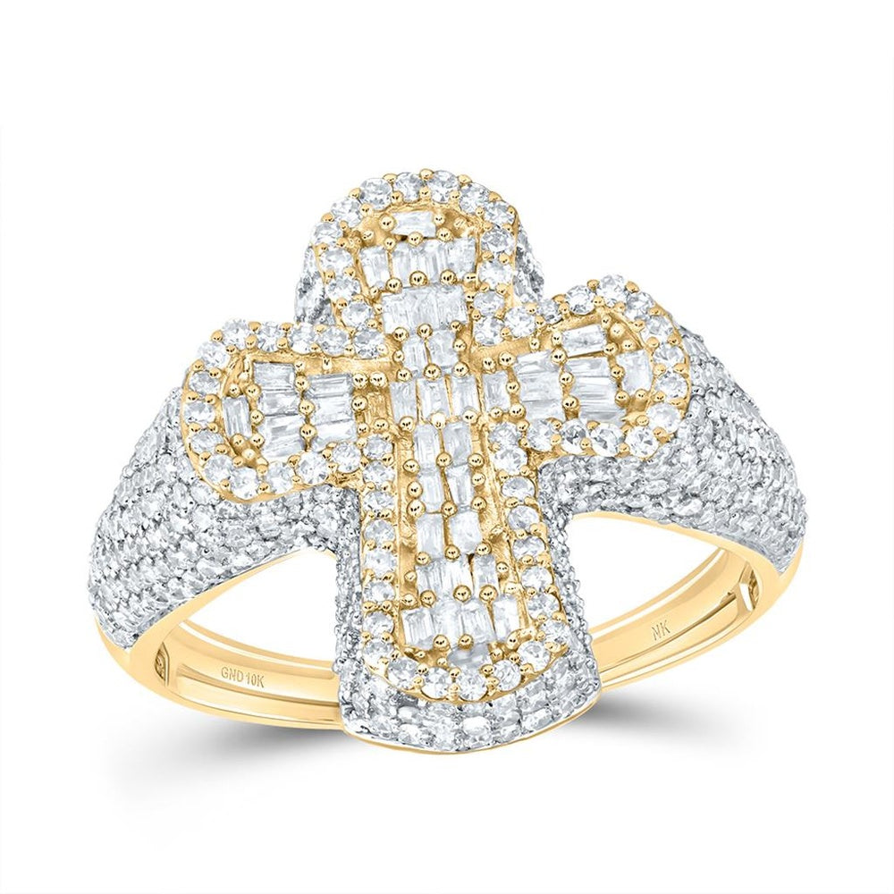 10K Two-Tone Gold Diamond Cross Ring - 1 7/8 Carat Total Diamond Weight