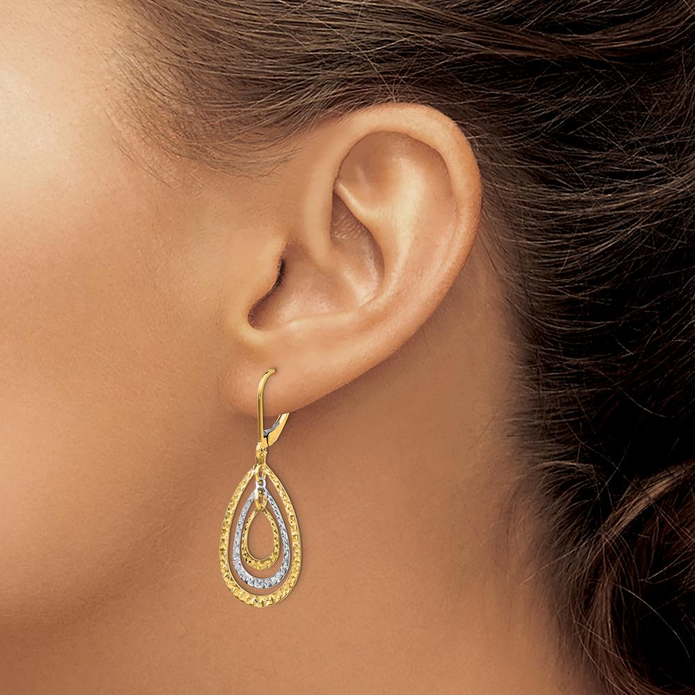 10K Two-Tone Gold Diamond Cut Leverback Drop Earrings