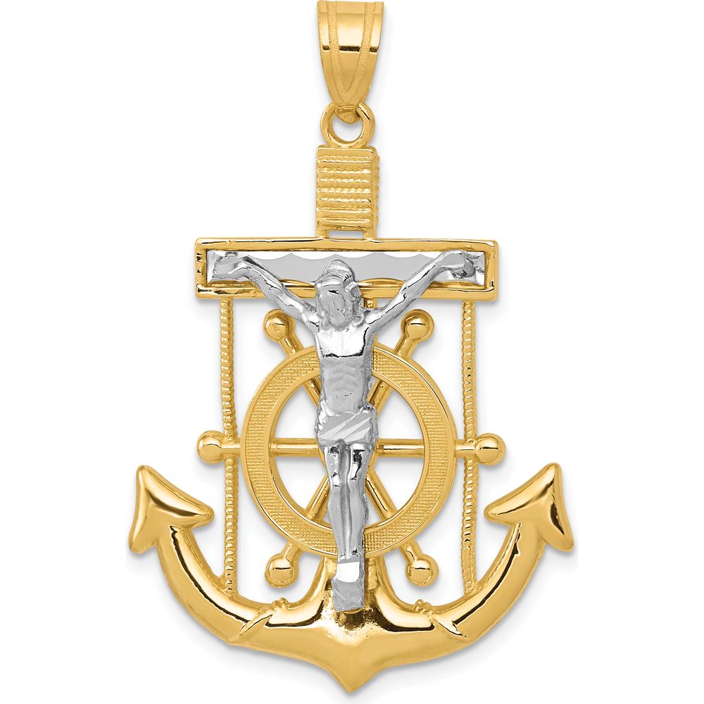 10K Two-Tone Gold Diamond-Cut Mariner's Cross Pendant with Crucifix - 43mm Length