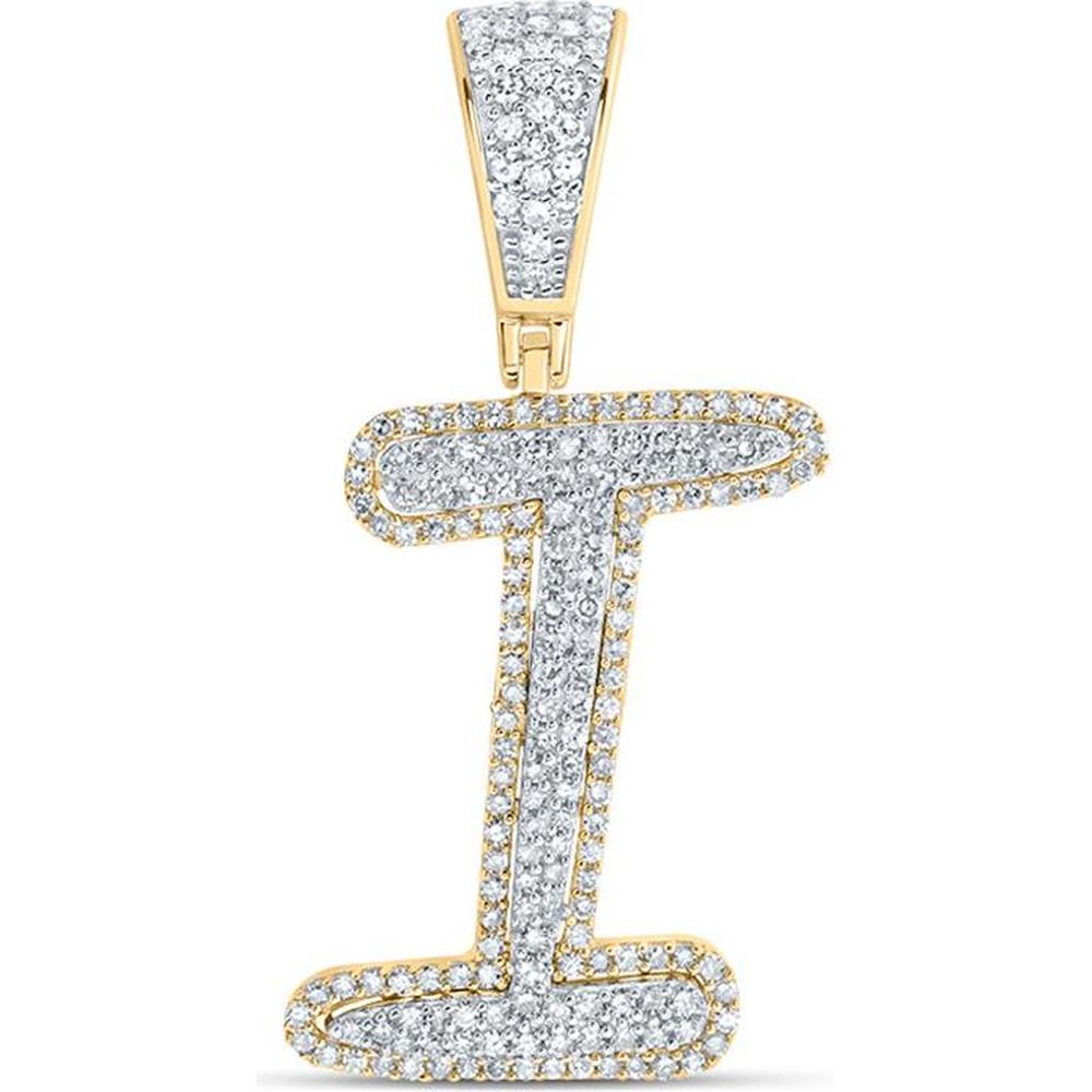 10K Two-Tone Gold Diamond "I" Initial Pendant with Prong-Set Round Diamonds - 0.67 Carat Total Diamond Weight