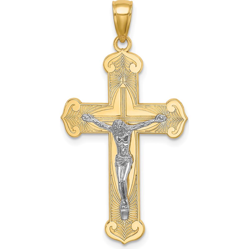 10K Two-Tone Gold Engraved Cross Pendant - 38.5mm Length