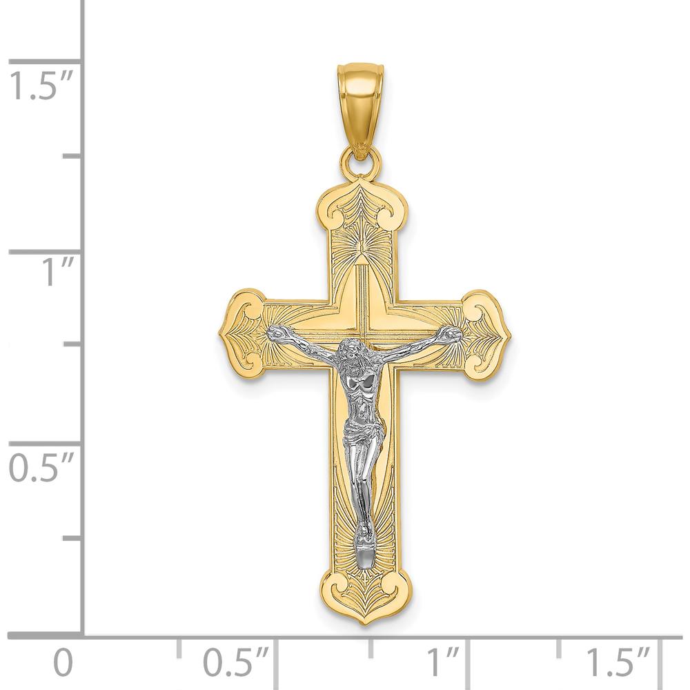 10K Two-Tone Gold Engraved Cross Pendant - 38.5mm Length