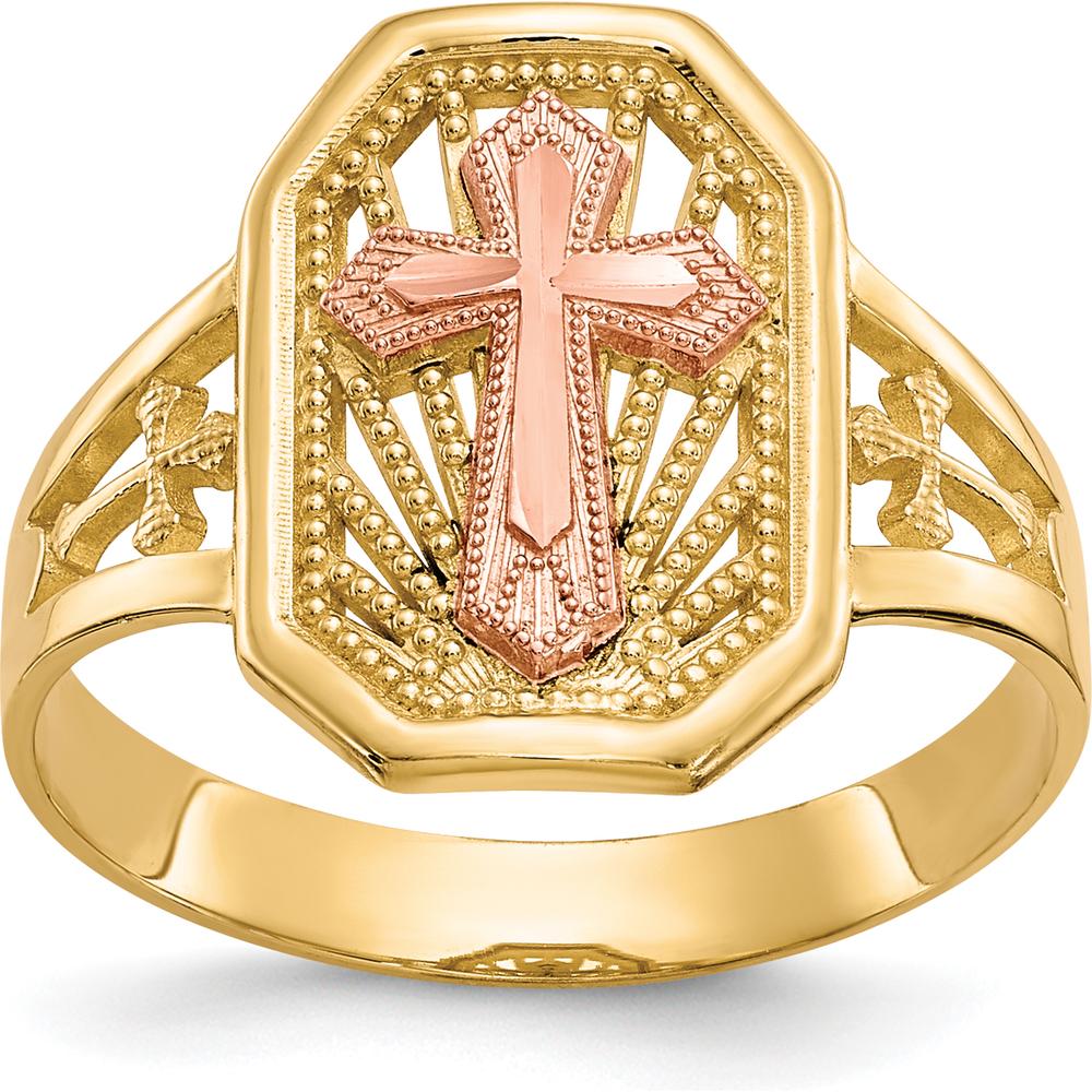 10K Two-Tone Gold Filigree Cross Ring - 15mm Length
