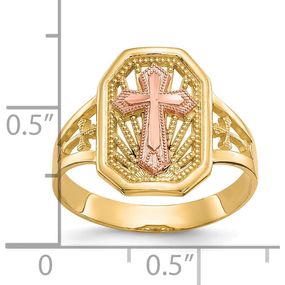 10K Two-Tone Gold Filigree Cross Ring - 15mm Length