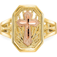10K Two-Tone Gold Filigree Cross Ring - 15mm Length