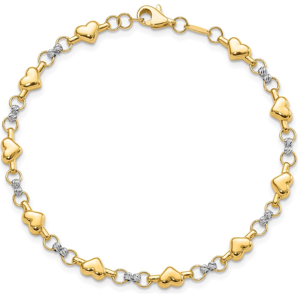 10K Two-Tone Gold Heart-Link Bracelet with Diamond-Cut Texture - 7.5in Length