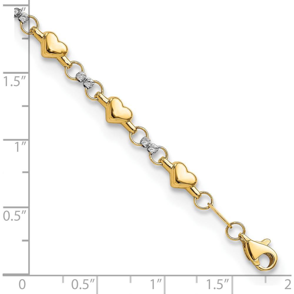 10K Two-Tone Gold Heart-Link Bracelet with Diamond-Cut Texture - 7.5in Length