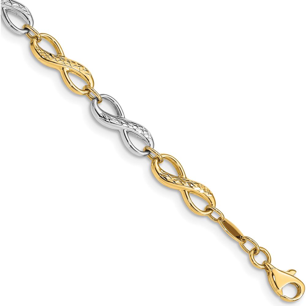 10K Two-Tone Gold Infinity Symbol Bracelet with Diamond-Cut Texture - 7.5in Length