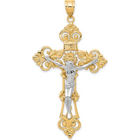 10K Two-Tone Gold INRI Fleur De Lis Crucifix Pendant - Solid Religious Jewelry