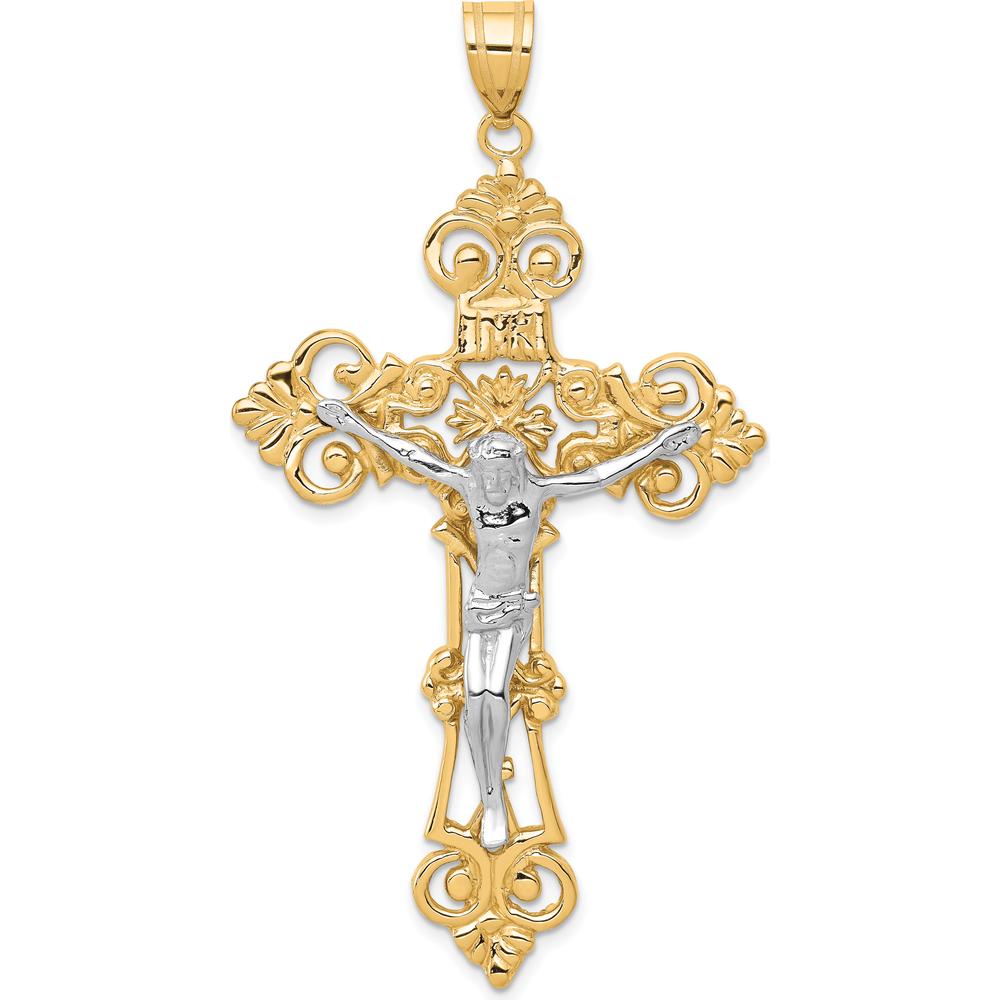 10K Two-Tone Gold INRI Fleur De Lis Crucifix Pendant - Solid Religious Jewelry